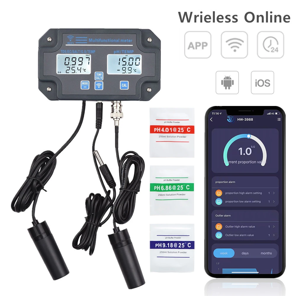 

2022 Wifi Water Quality Monitor 6 in 1 Digital Water Analyzer PH/EC/TDS/SALT/G.S/ Temperature APP Remote Wrieless Online Monitor