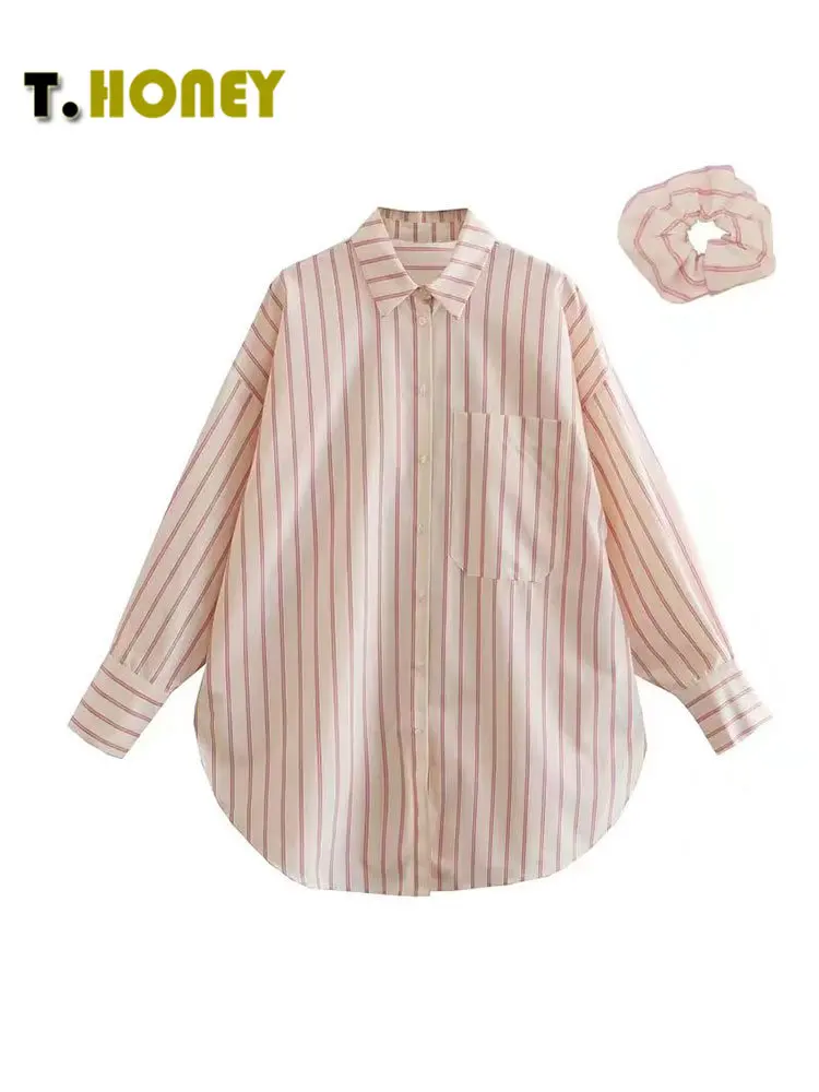 

TELLHONEY Women Fashion Lapel Collar Single Breasted With Hairpin Poplin Striped Shirt Female Long Sleeves Hem Slit Blouses