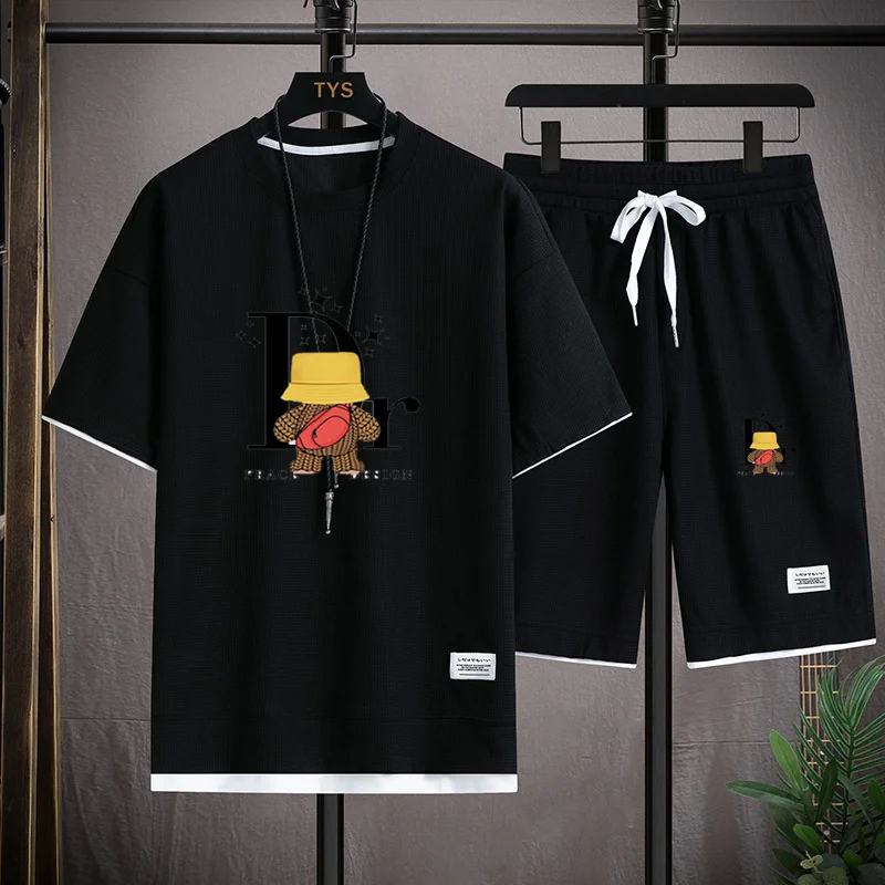 

Limited edition Korean Cotton Bear T-shirt Shorts Set Men's T-shirt Set Luxury Sports 2-piece Set Street Clothing Summer High Qu