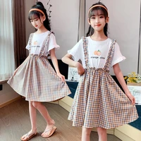 2022 summer new lace girls long dress cotton o neck collar teens casual plaid dresses patchwork baby clothes toddler 12 15 year