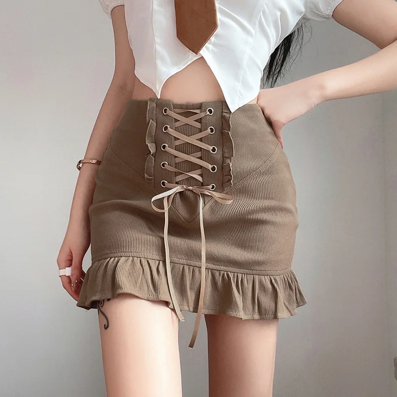 

Brown Ribbed Mini Skirt 2022 Summer Y2k Fashion Corss Lace-up High Waist Ruffle Short Skirt Women Casual All-match Tight Skirts