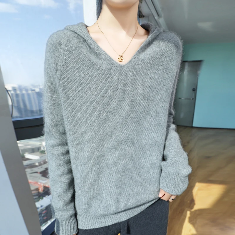 Бесшовный Женский вязаный пуловер из 100% шерсти модный свитер с капюшоном