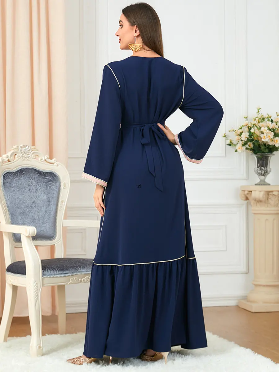 Modest Abaya Muslim Long Dress Women Long Sleeve Pleated Patchwork Hem Kaftan Party Dresses Dubai Turkish Abayas