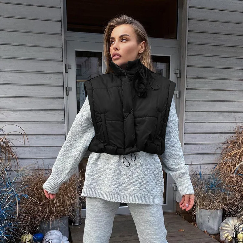 Two-wear Women's Short Down Down Cotton Thick Drawstring Waistcoat Jacket Parka Coat Zipper Winter Bubble Jacket Warm Streetwear