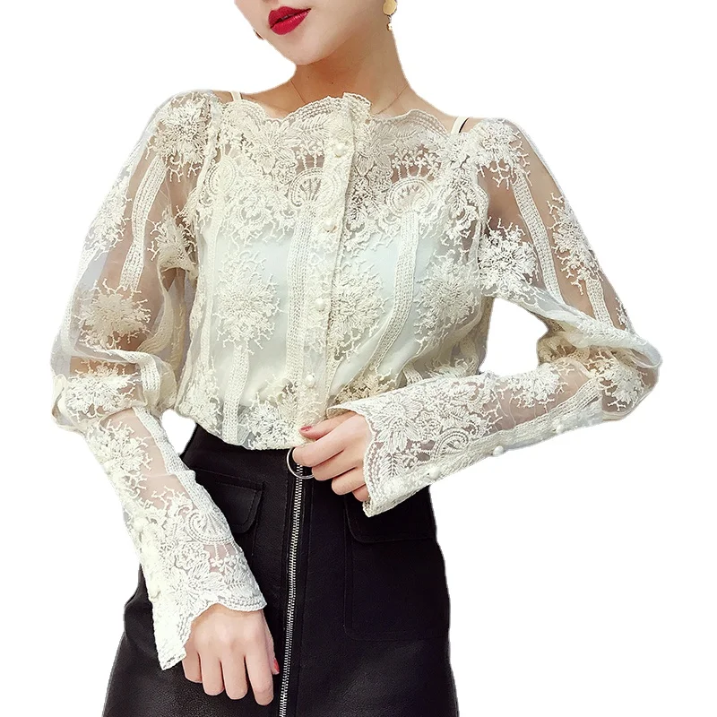 

Missoov blusas fashion brand women spring tops lolita style sweet lace blouses slash neck perspective shirts vetement femme new