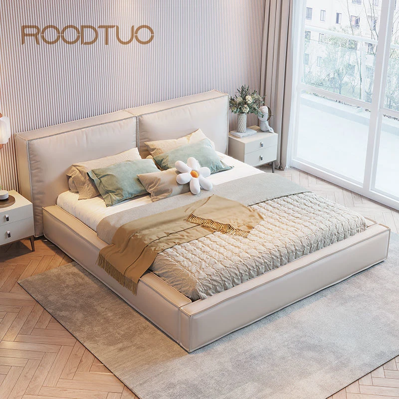 Technical Cloth Thick Backrest Upholstered Grey Color Home Bedroom Furniture Modern Double Bed