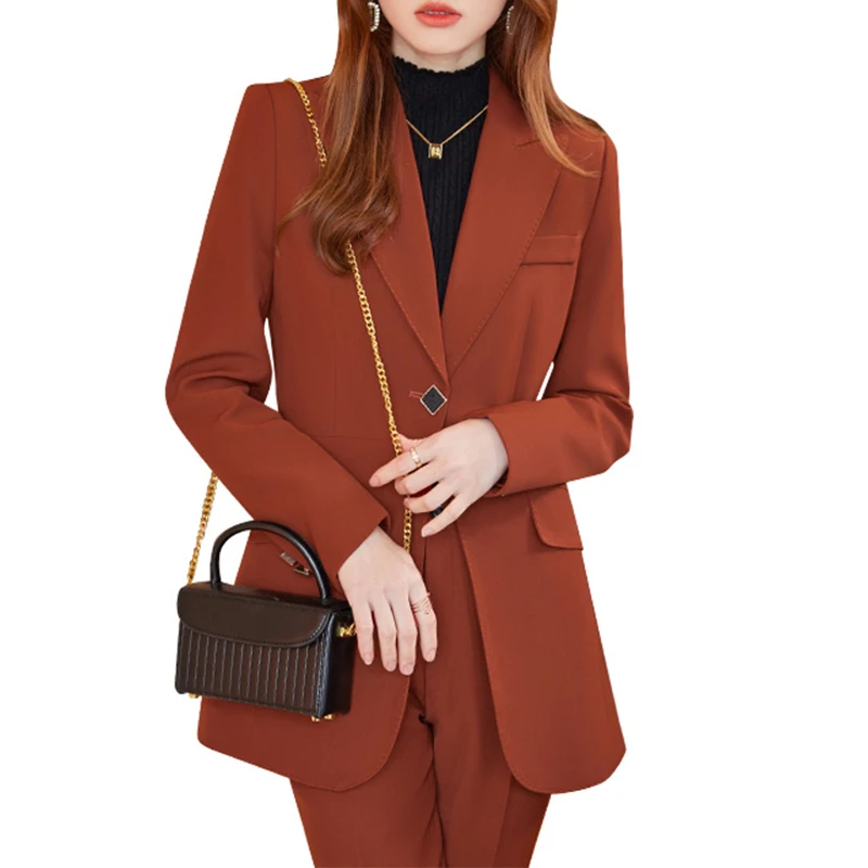 Lenshin 2 Piece Sets Womens Outfits Solid Notch Collar Business Office Ladies Work Wear Brown Blazer and Pant Suit