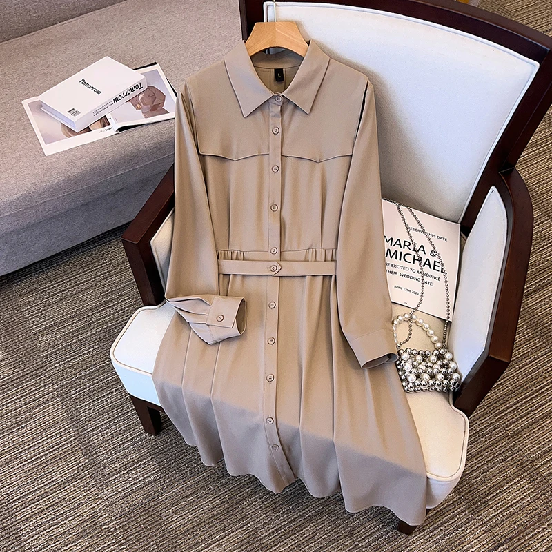 

SuperAen Women's 2023 Spring Dress New Korean Style Lapels High Waist Office Lady Long Sleeve Dress Woman