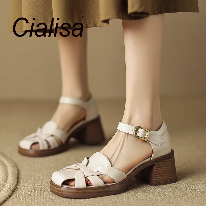 

Женские винтажные босоножки из натуральной кожи Cialisa, летние повседневные римские сандалии с ремешком и пряжкой, обувь ручной работы на высоком каблуке, 2023