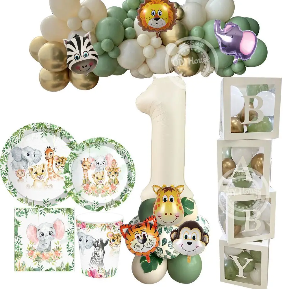 

1 set Carton Animal Balloon Box with Paper Animal Cups Plates for Kids Forest Wildone Birthday Safari Jungle Party Decorations