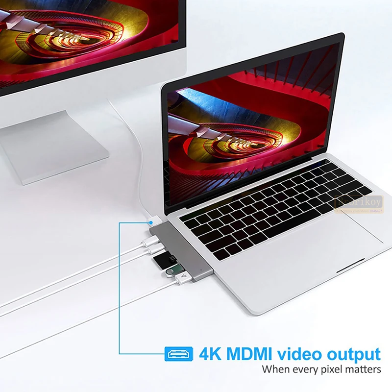 Фото USB 3.1 Type-C хаб-адаптер на HDMI 4K Thunderbolt Type C хаб 7-в-1 с разъемом для карт TF/SD и поддержкой PD для MacBook Air 13 15 Pro 14 M4 M3 M2 M1 №1