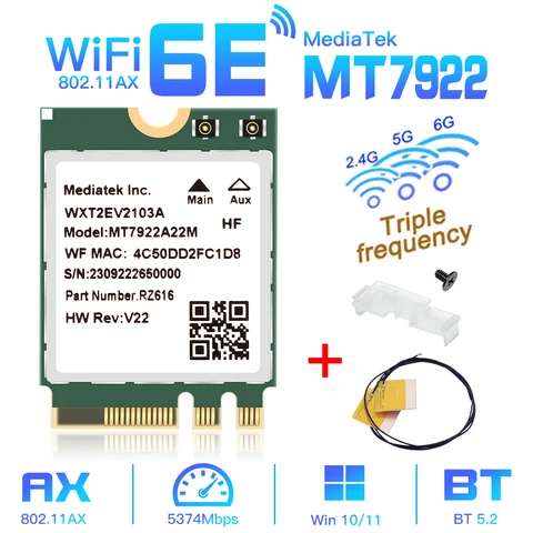 WiFi 6E MT7922 M.2 беспроводная карта 5374 Мбит/с Bluetooth 5,2 сетевой адаптер 802.11ax 2,4G/Φ/6 ГГц MediaTek MT7922 5G Win 10 11