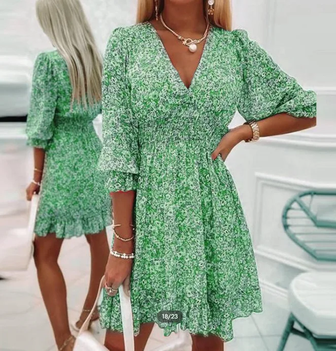 

Vintage Floral Print Woman Dress Puff Sleeves Korean Style V-neck Bohemian Dresses Elegant Vestido Feminino