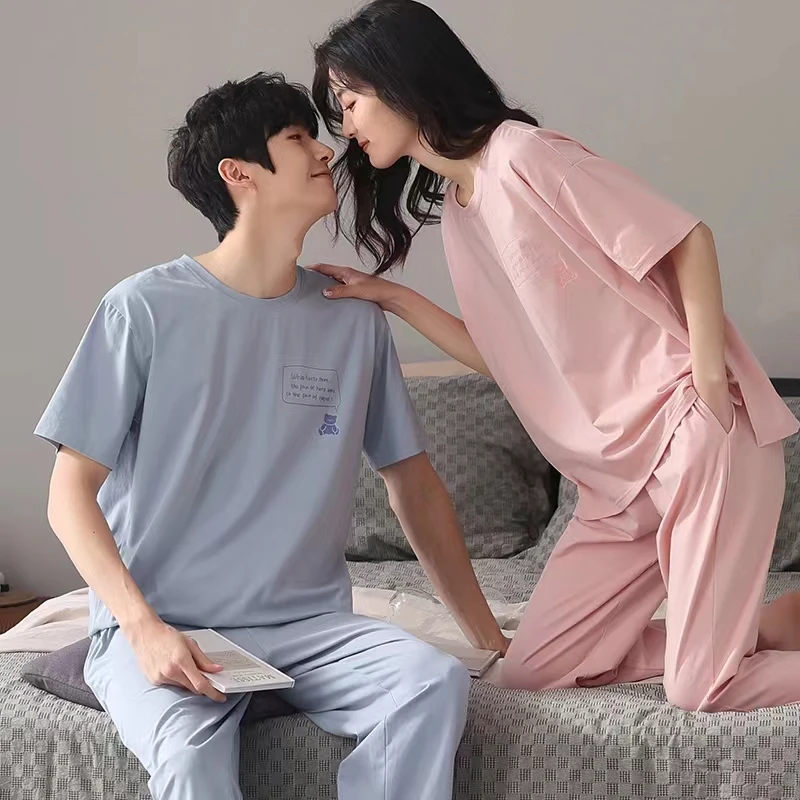 Yasuk 2022 Spring Fashion Women's Casual Lovely Soft Cotton Sleepwear Homewear Couple Pajamas Set With Pants Solid Print