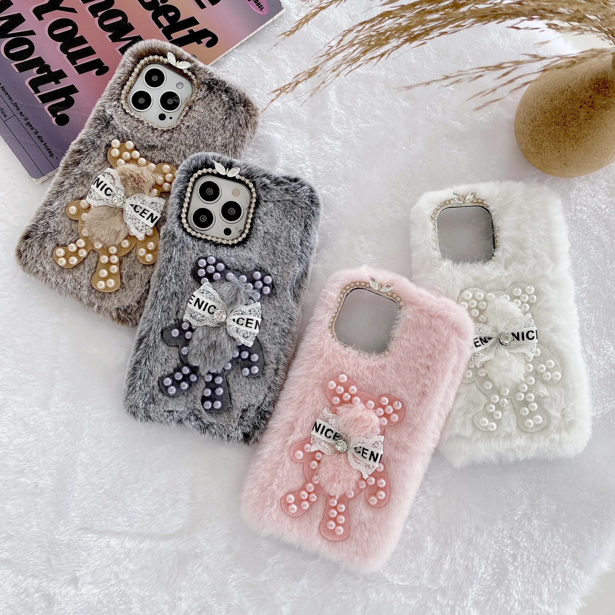 3D милый медведь жемчуг Пушистый Плюшевый Меховой чехол для телефона iPhone 12 11 13 mini