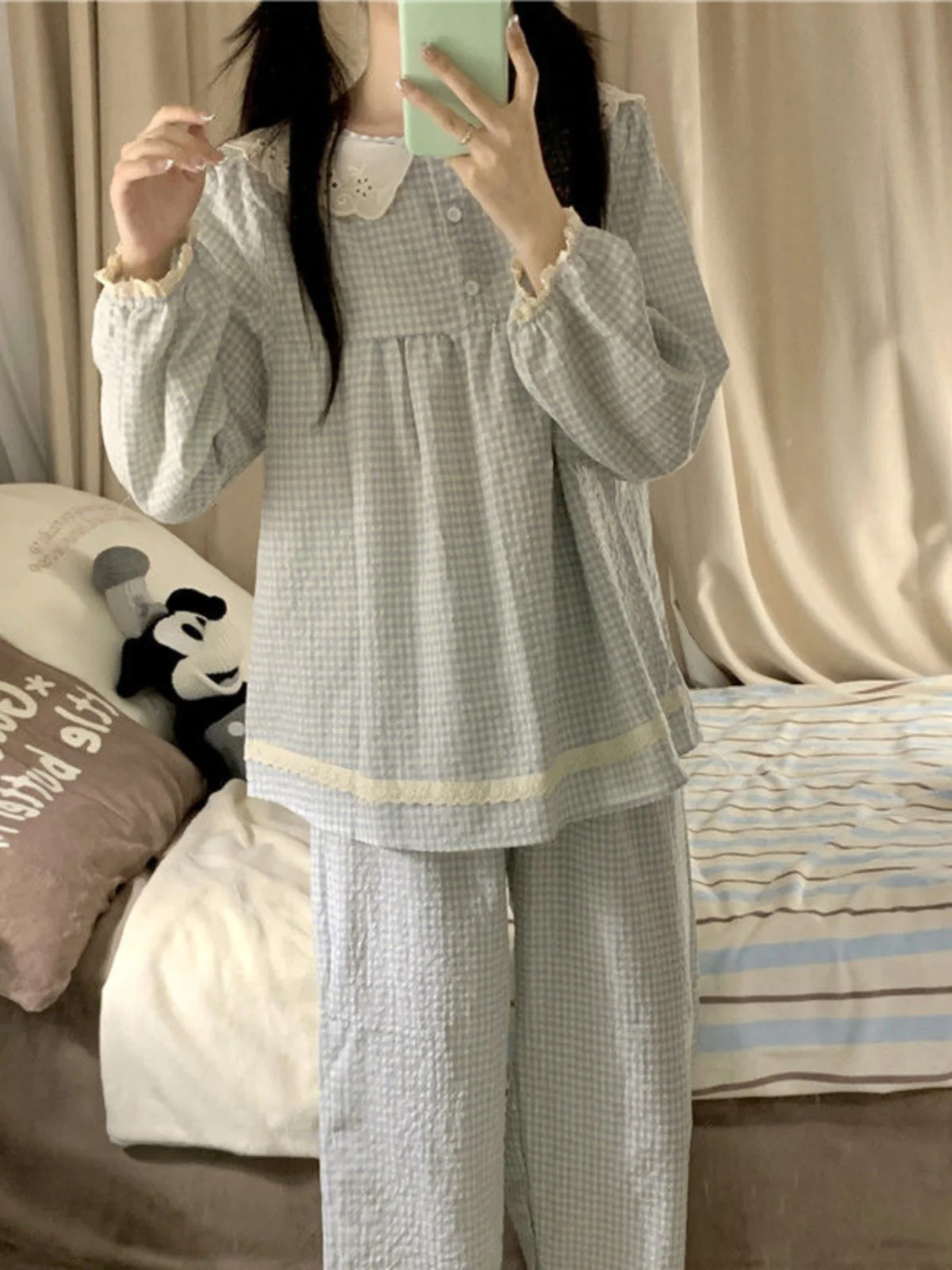 Пижама женская хлопковая с длинным рукавом и накладками на груди новинка 2024