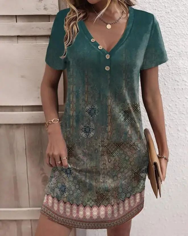 Dresses for Women 2023 Summer Vintage Tribal Print Short Sleeve V-Neck Casual Daily A Line Mini Dress Fashion OTTD