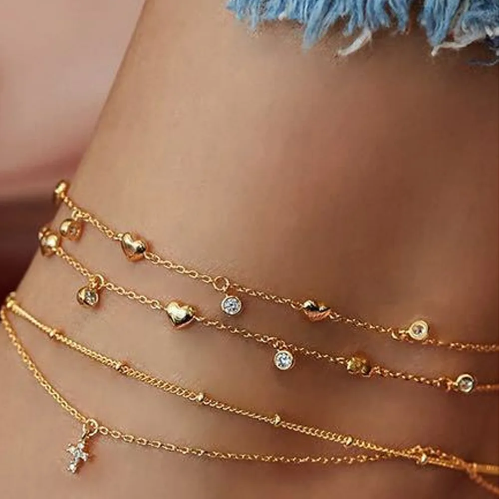 

Simple Peach Heart Diamond Cross Five-Pointed Star Anklet Multi-Layer Beaded Ankle Bracelets For Women Ankle Chain Lokaer Bling