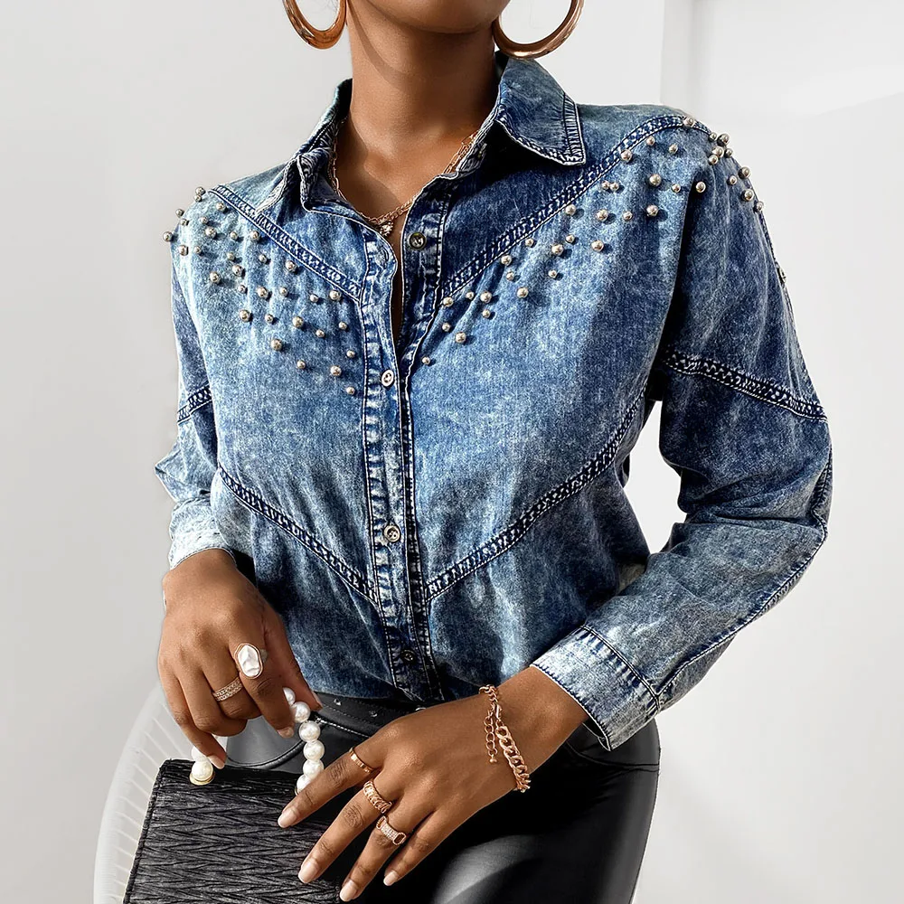 

2022 Spring New Fashion Beaded Single-breasted Lapel Long-sleeved Casual Women's Jacket Retro Blue Denim Jacket Autumn Style