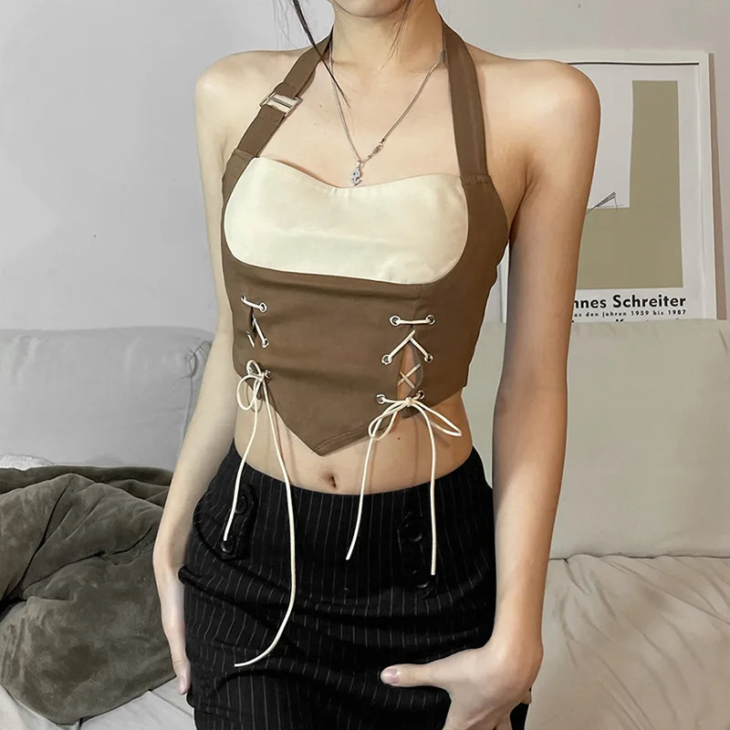 

Women's Summer Solid Criss Cross Halter Sleeveless Tee Lace Up Y2k Shirt Top