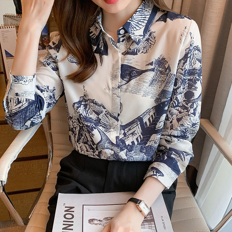 

Блузка женская с отложным воротником, Модный Топ с длинным рукавом, шифоновая офисная Повседневная рубашка с принтом, одежда на лето