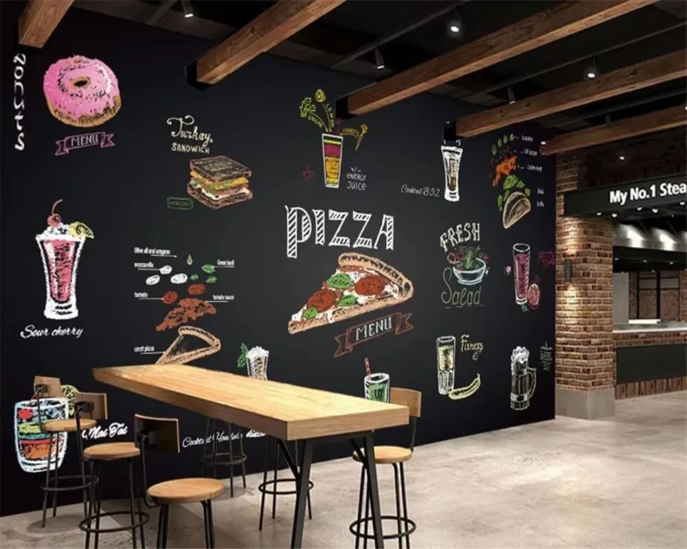 Обои на заказ фото ручная роспись мел пицца сок магазин черные граффити обои