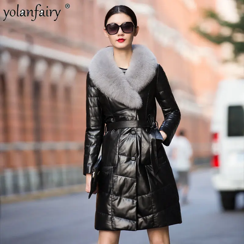 

Winter Jacket Women Fox Fur Collar Real Sheepskin Coat Ladies Elegant Belt Genuine Leather Down Jackets Female Long Clothes FCY