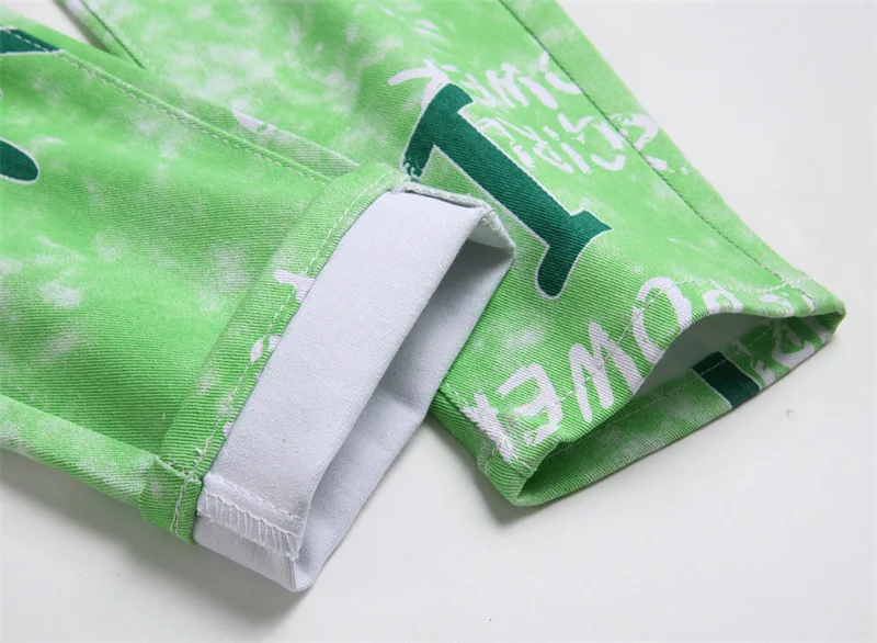 Men Y2K Neon Green Print Jeans Fashion Digital Printed Stretch Denim Pants Slim Tapered Trousers for Men