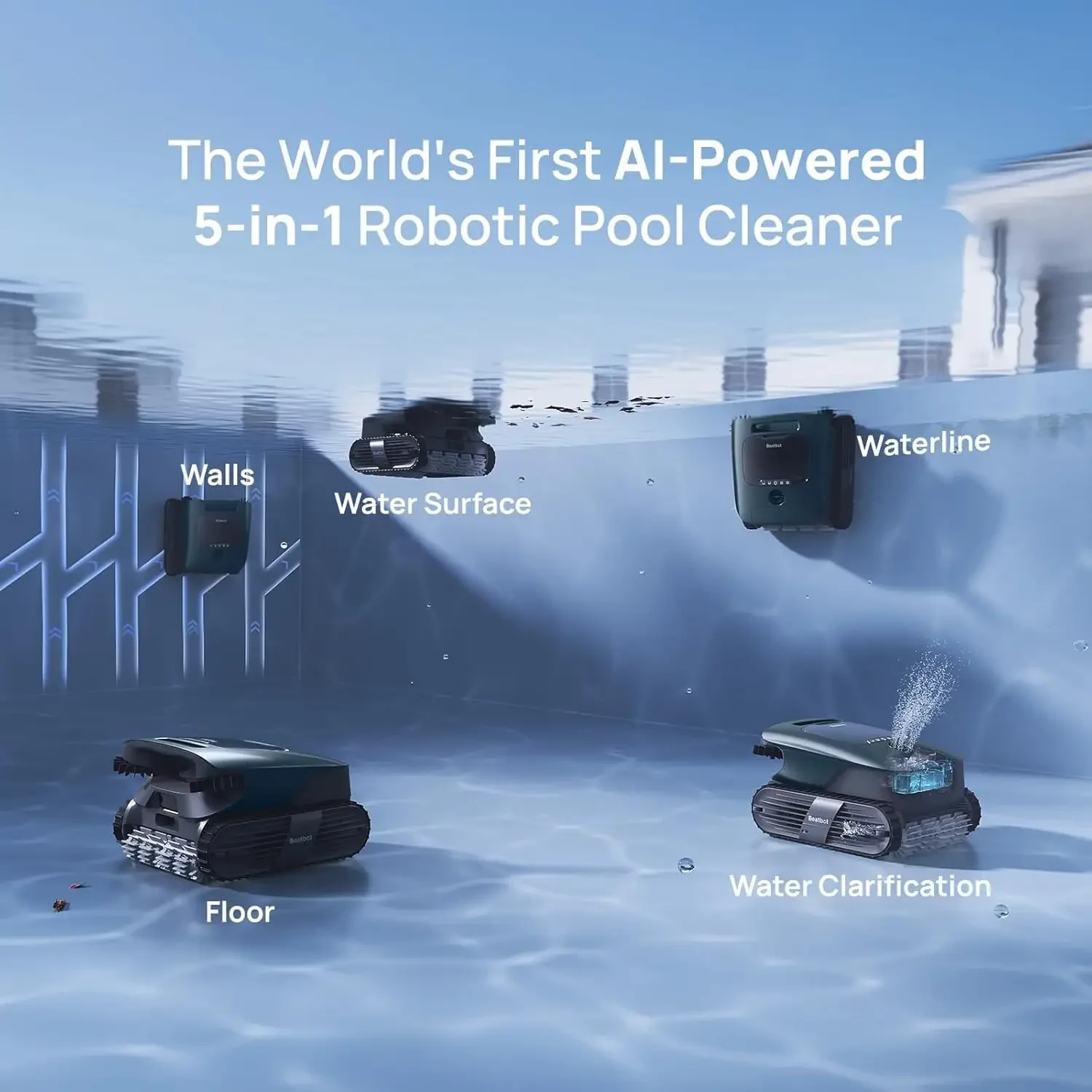 Фото Умный беспроводной робот-пылесос для бассейнов Beatbot AquaSense 2 Ultra с AI-камерой и картографированием, 5-в-1, скиммер, очиститель воды, зеленый №3