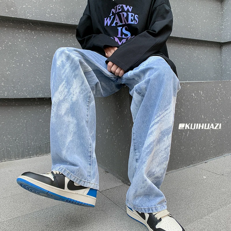 Blue Black Baggy Jeans Men Fashion Retro Casual Tie Dye Jeans Men Streetwear Hip Hop Loose Straight Denim Pants Mens Trouser