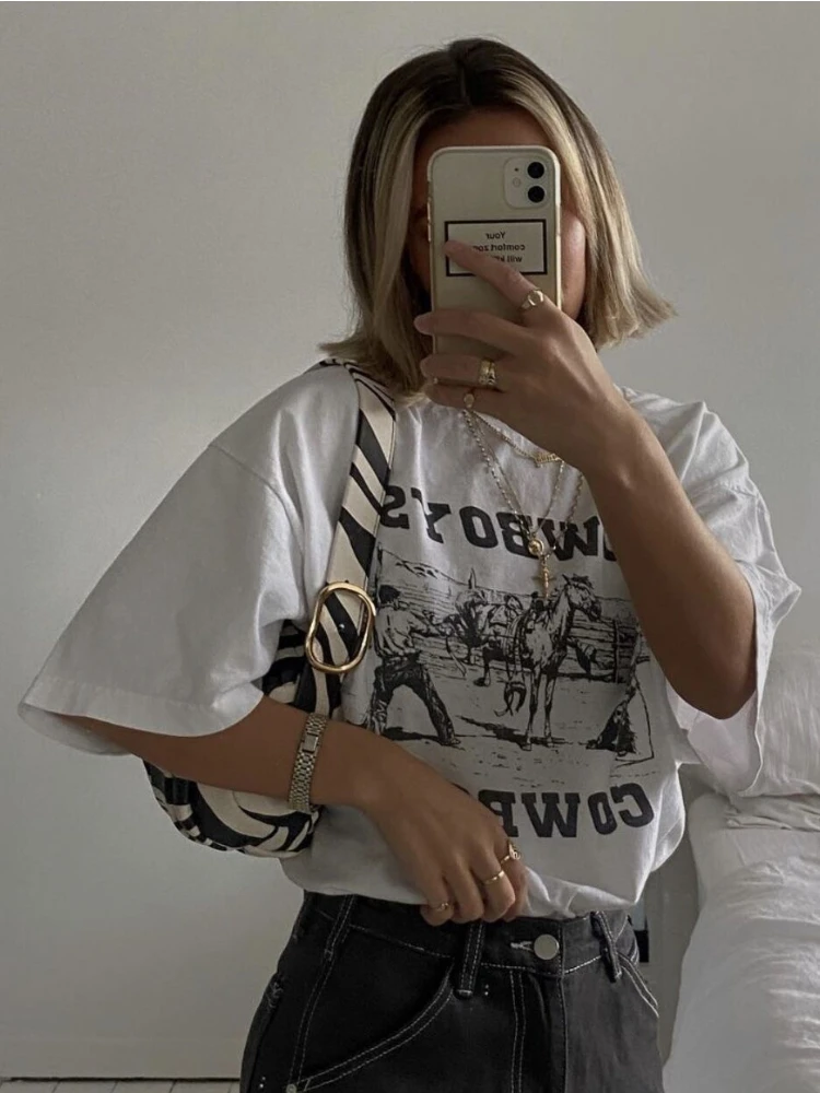 

2022 Women Vintage Retro Print Oversized T Shirts Y2K Streetwear White Tshirts Graphic Tees Loose Grunge Aesthetic Top Female