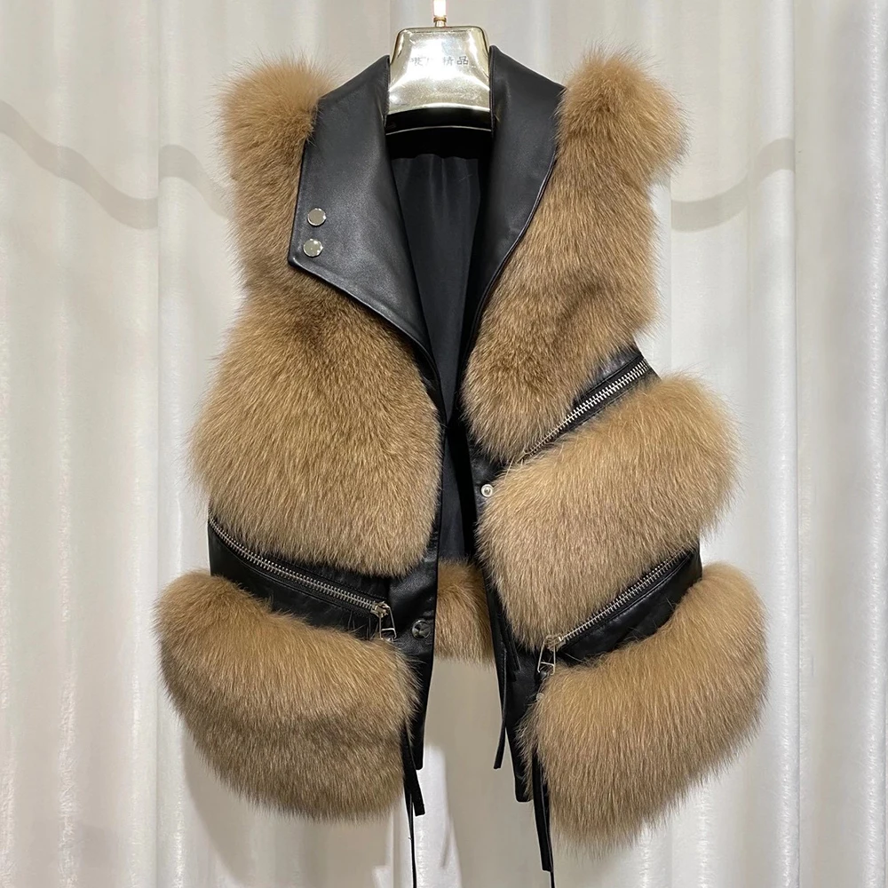 2023 Women's Real Fur Vest Genuine Fox Fur Gilet Fashion Winter Warm Waistcoat Autumn Outerwear High Street Fur Jackets S7928 enlarge