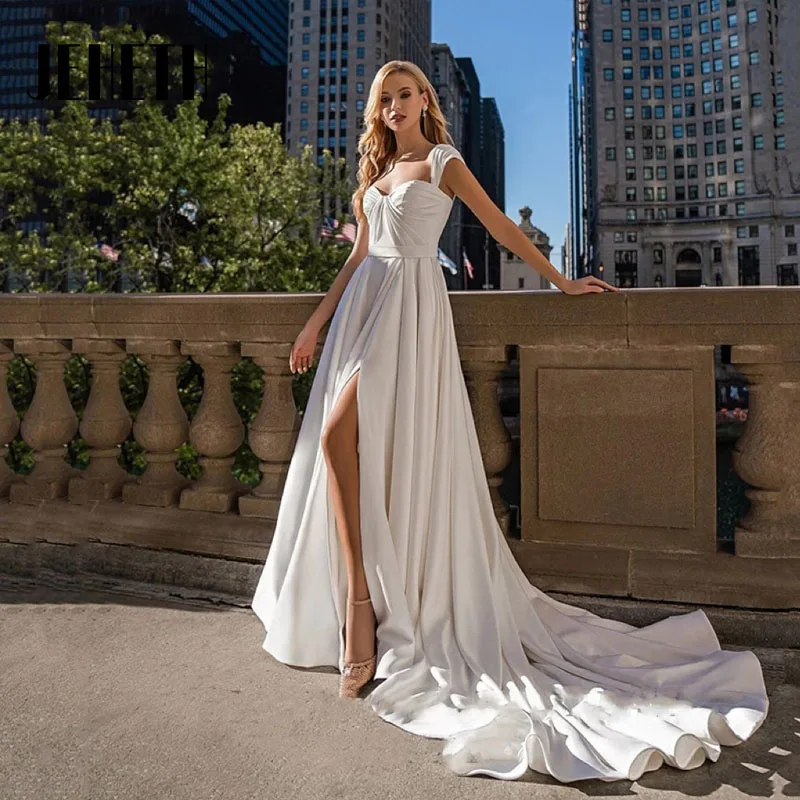 

JEHETH Charming A Line Sweetheart Wedding Dress 2023 Sexy Side Slit Satin Bridal Gown Sweep Train Custom Made Vestido De Novia