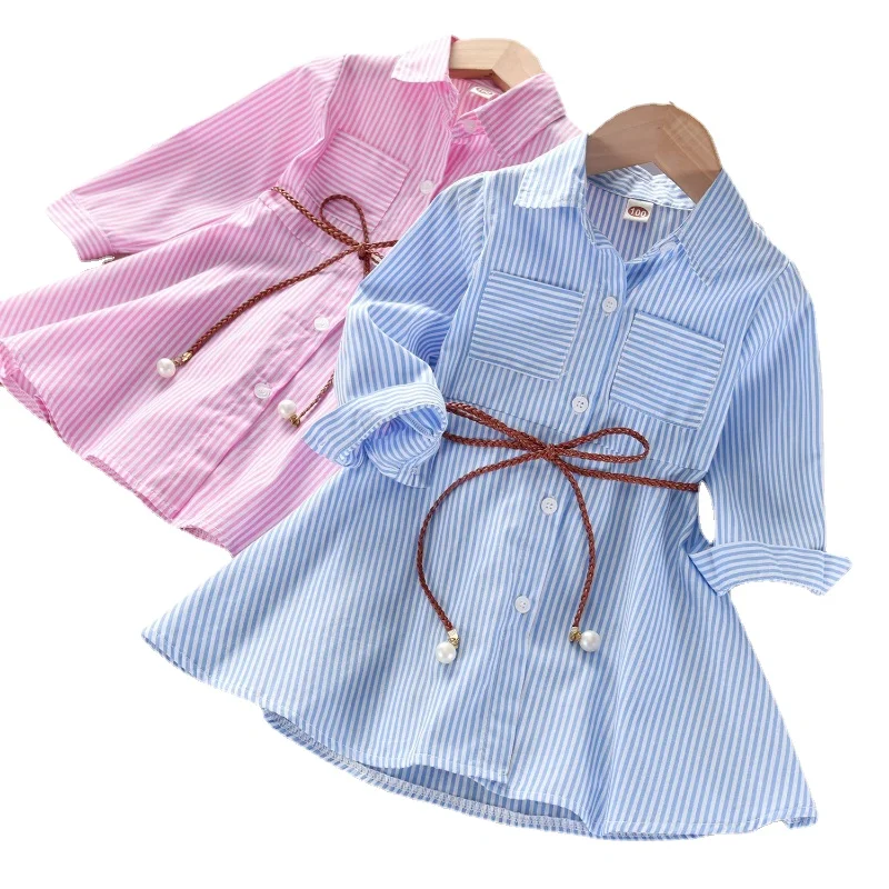 

Fashion Versatile Girls Pinstripe Dress 2023 Spring New Summer Children's Shirt Dress Toddler Kid Korean Casual Dress 2-6Years