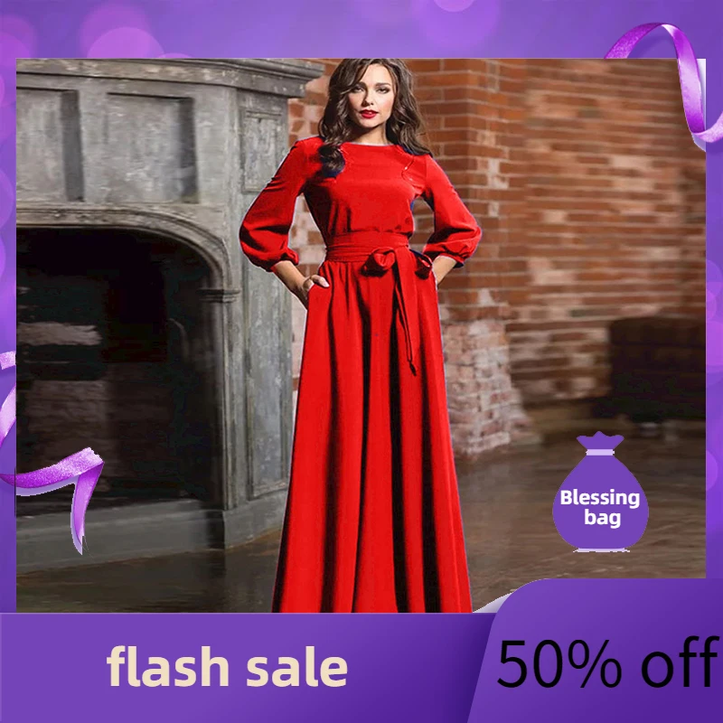 

Женское длинное платье с круглым вырезом, изысканное повседневное платье в богемном стиле с рукавами-фонариками и рукавами три сезона 2022