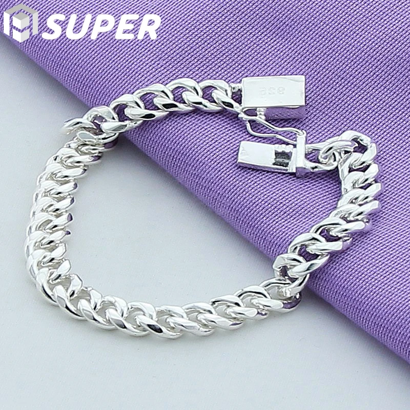 

925 Sterling Silver 8mm Sideways Bracelet Chain For Men Women Wedding Engagement Party Jewelry