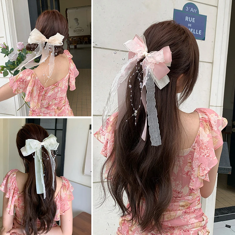 

Fairy Bow Hair Clips Women New Long Ribbon Mesh Bow Elegant Imitation Pearls Hair Clips Wedding Party Bride Hair Accessories