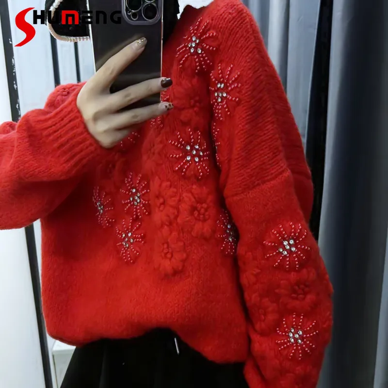 

Heavy Beads Flower Embroidered Sweater Women Loose Thickened Outer Wear Knitwear 2022 Autumn Winter Classic Red New Year Sweater