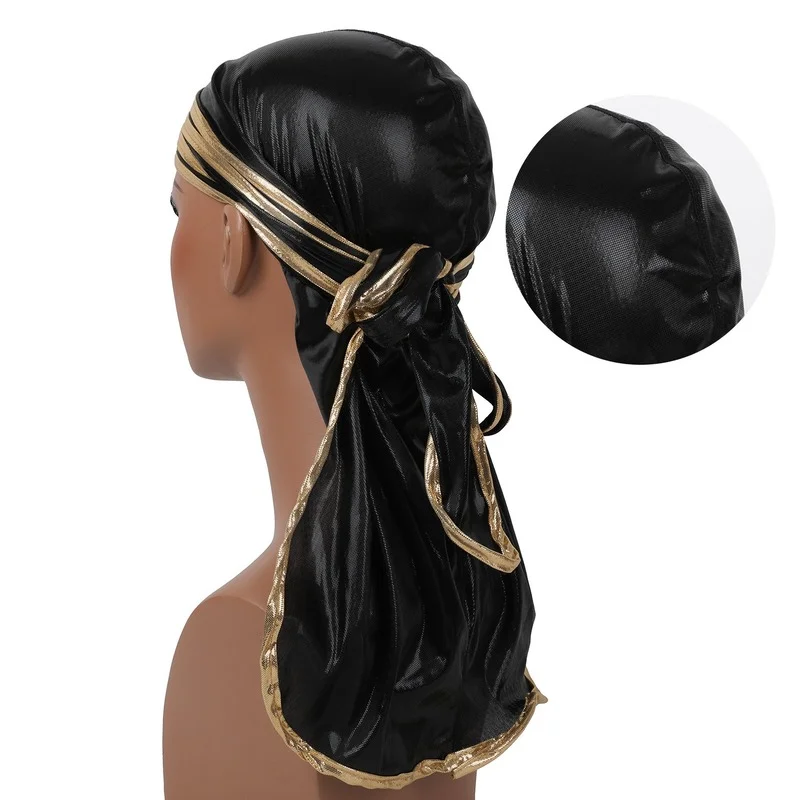 

New Men Women Silk Satin Glitter Chip Long Tail Braid Pirate Hat Elastic Baotou Hat Chemotherapy Hat Mountaineering Cycling Caps
