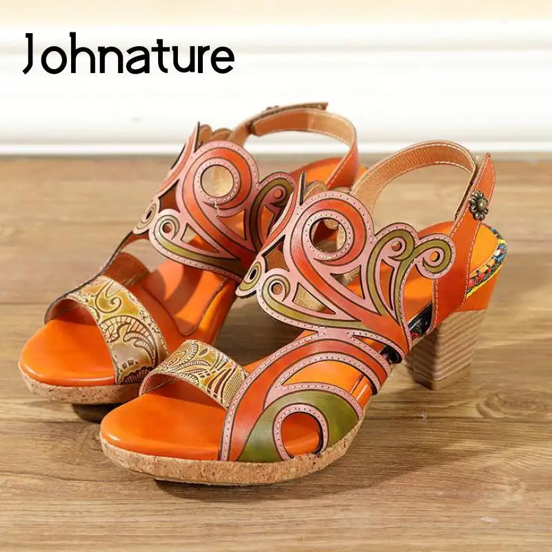 

Johnature Mixed Colors Retro Shoes Women Sandals Genuine Leather Hook & Loop 2022 New Handmade Leisure Concise Ladies Sandals