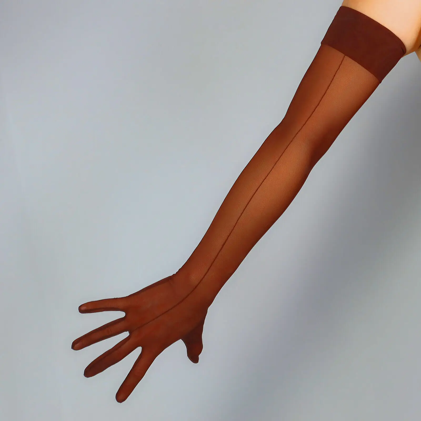 Коричневые перчатки со швом сзади длиной 28 дюймов 70 см эластичные полупрозрачные