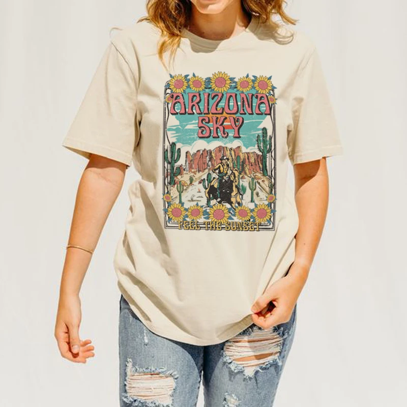 

Arizona Desert Women Vintage T-Shirt Cowgirl Loose Cute Western Retro Graphic Tshirts Ladies Hippie Boho Tee Shirt Tops Clothes