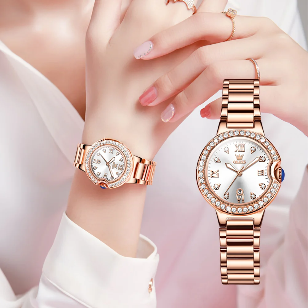 OLEVS Watch for Women Diamond Decoration Quartz Women Watch Set Stainless Steel Rose Gold Luxury Top Brand Wrist Watch Gift Set enlarge