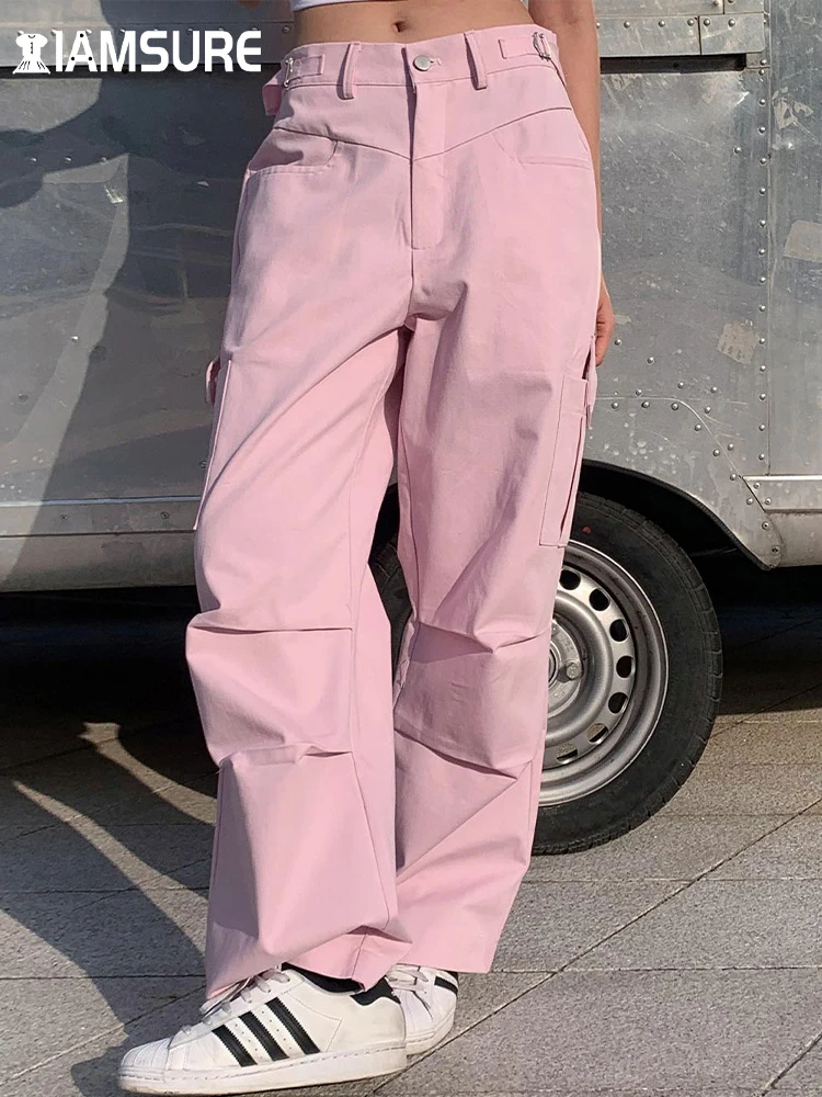 

IAMSURE Safari Style Solid Big Pockets Cargo Pants Casual Streetwear Loose Mid-Waisted Wide Leg Pants Women 2023 Summer Fashion