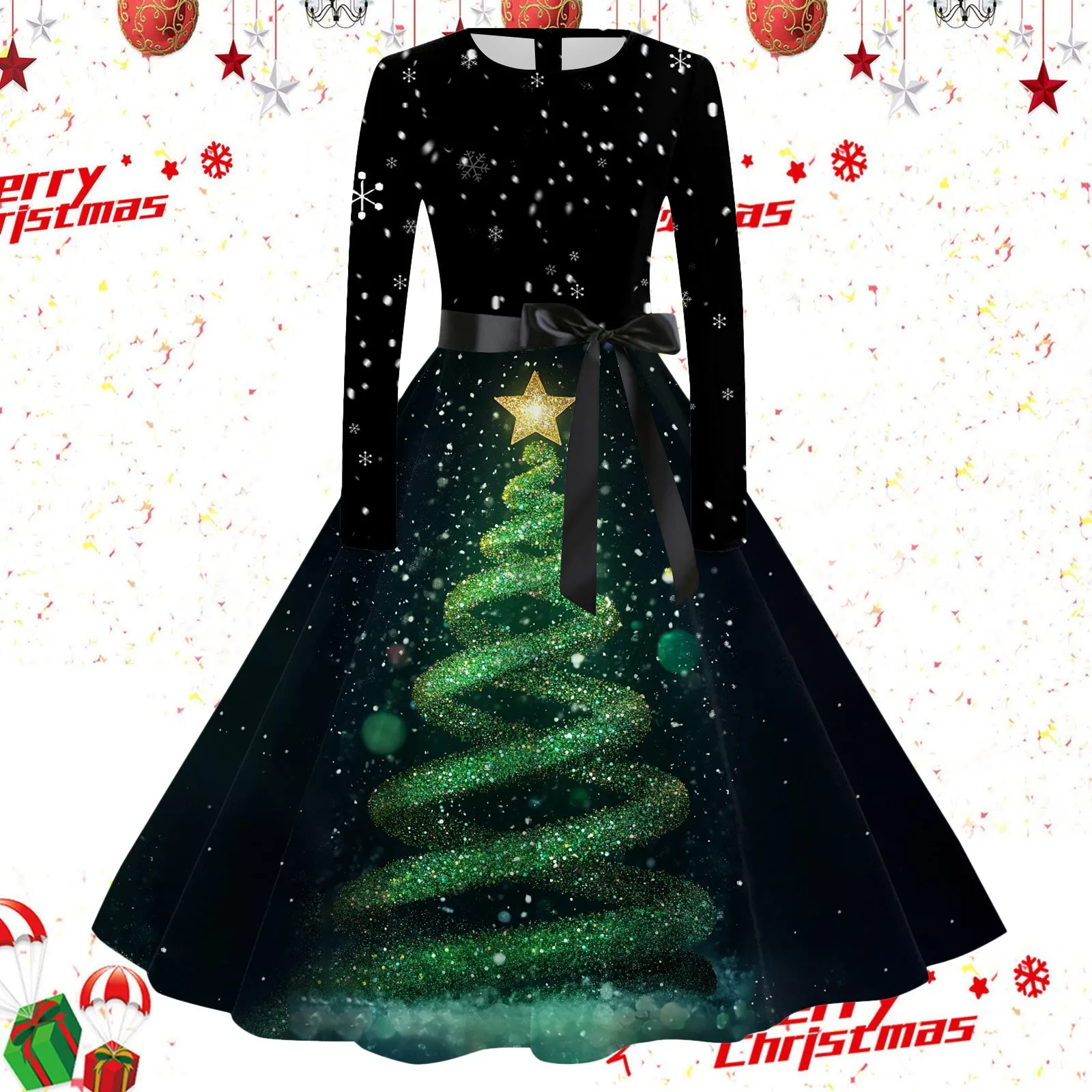 Платья средней длины для женщин винтажное рождественское платье с длинным