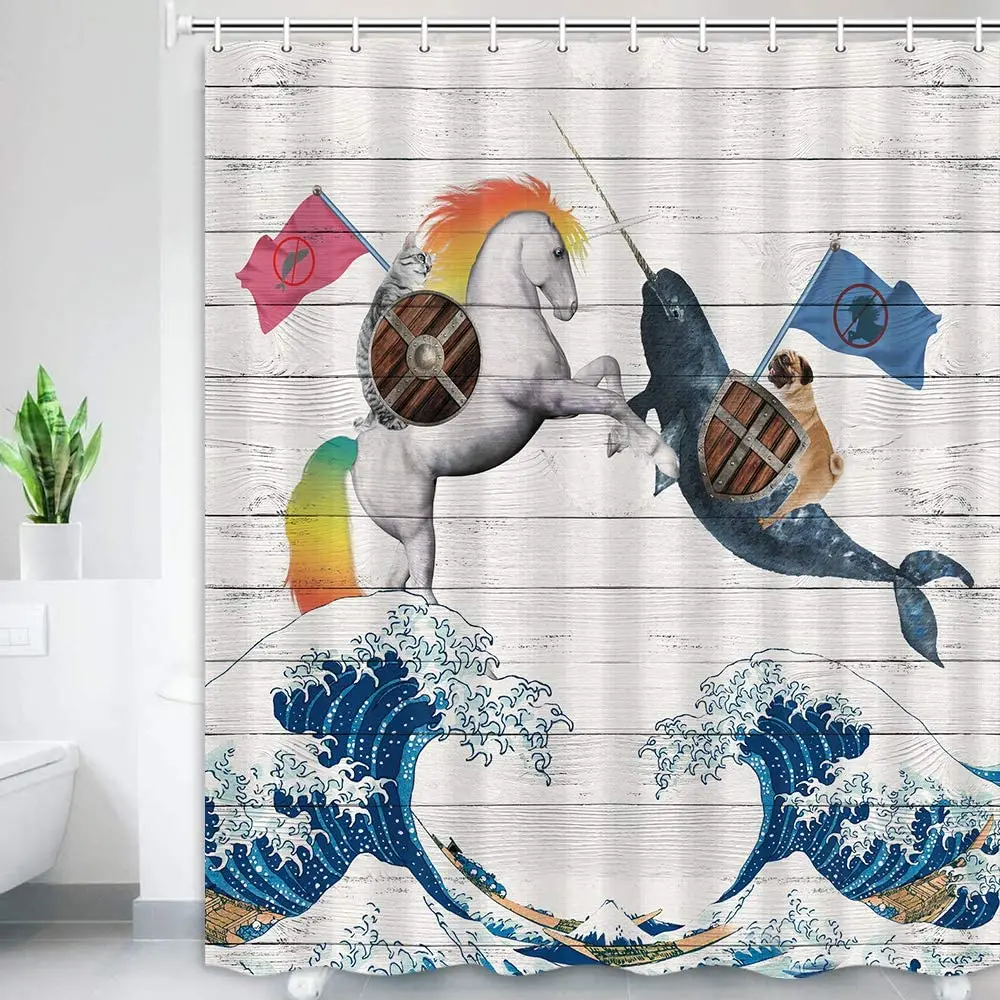 Забавная душевая занавеска для собак и кошек шторка езды на кошке единороге