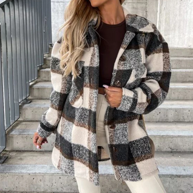 

Women Elegant Plaid Print Fleece Straight Jackets Fashion Lapel Collar Button Loose Coats Casual Long Sleeve Straight Outerwear