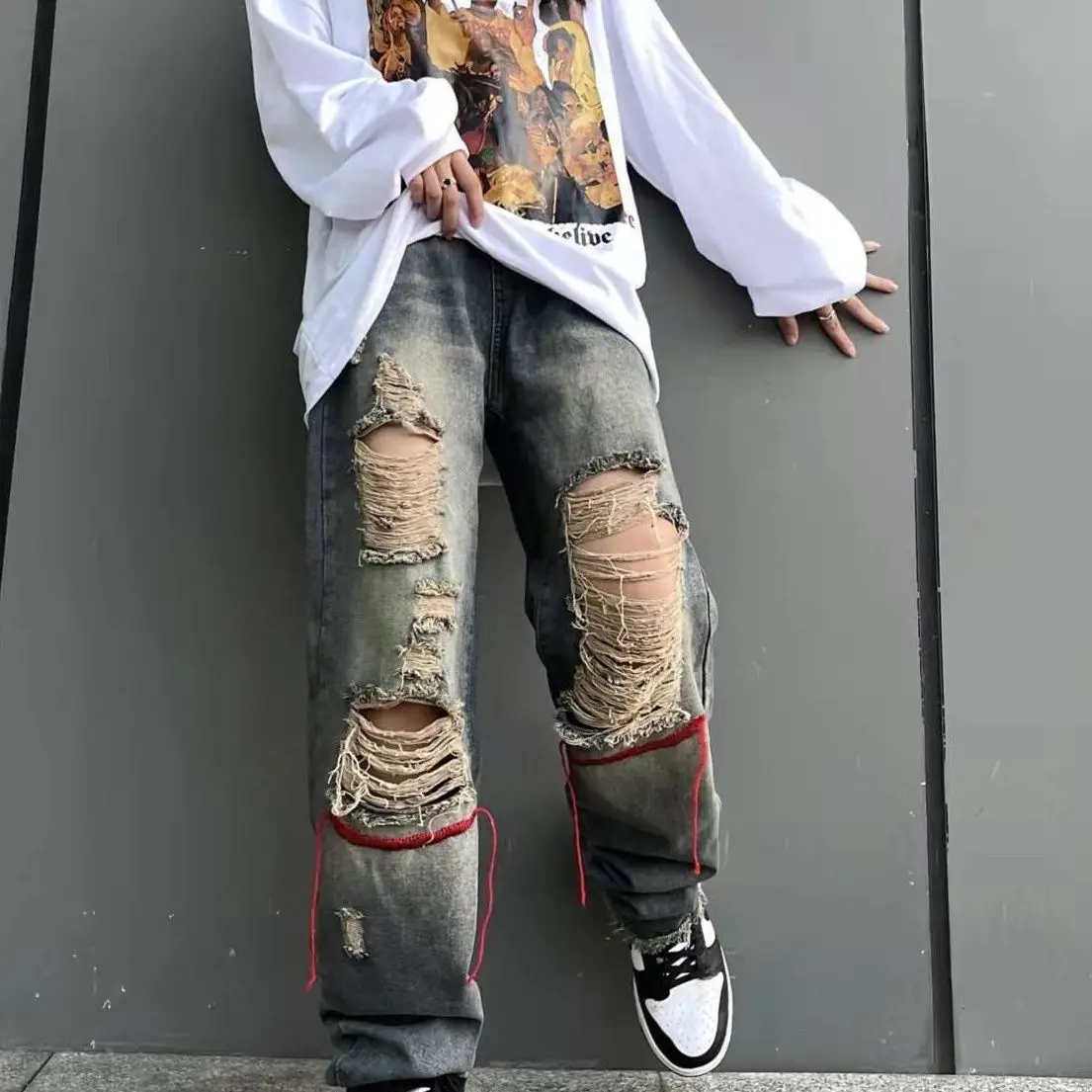 Korean Style Ins Hip-Hop Trendy Distressed Red Rope Vintage Jeans Washed And Worn Long Straight Leg Pants