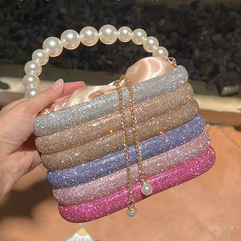 

Кристальный металлический Вечерний Клатч Ba женский бутик с жемчужной ручкой Блестящий цветной кошелек и ручка Свадебная