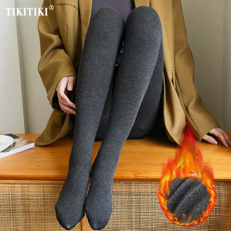 

Thicken Thermal Fleece Lined Leggings Women Winter Warm Elasticity Pantyhose Female Vertical Stripes Thick Tights